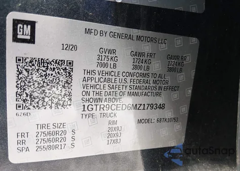 2021 GMC Sierra 1500 4Wd Standard Box Elevation z USA, uszkodzony, nr VIN 1GTR9CED6MZ179348